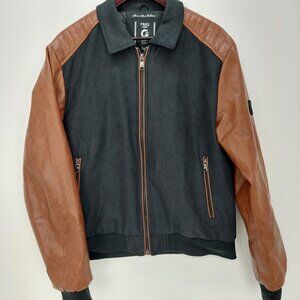 Fried NYC Denim Jacket XL Brown & Black Faux Leather Long Sleeves Varsity Men's